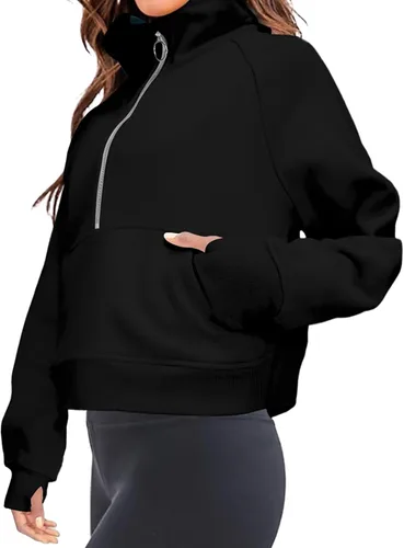 Vista 4 de FKEEP Half Zip Hoodies for Women Zipper Up Cropped Hooded Long Sleeve Athletic Pullover Tops with Thumb Hole