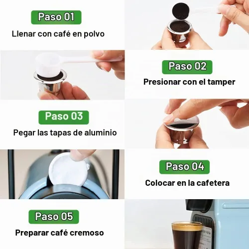 Vista 5 de Cápsulas reutilizables para Nespresso OriginalLine, 6 cápsulas de café recargables de acero inoxidable compatibles con máquinas Nespresso Original