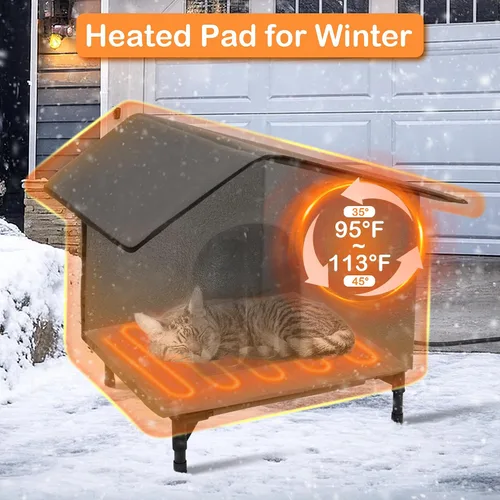 Vista 3 de Casa para gatos climatizada resistente a la intemperie, casa para gatos al aire libre con cama térmica, casa aislada para gatos elevados, refugio