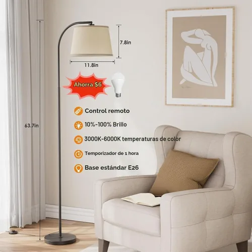 Vista 2 de Lámparas de pie para sala de estar, lámpara de pie de arco de 64" con 6000K y regulable sin escalones, pantalla giratoria 350°H/180°V y control Negro