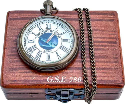 Vista 6 de Generic Hassanhandicrafts Reloj de bolsillo de latón antiguo antiguo con esfera de barco Titanic con caja de madera