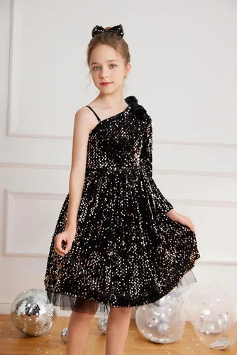 Vista 5 de GRACE KARIN Vestido de lentejuelas para niñas, vestido de fiesta brillante de un hombro con lazo para el cabello