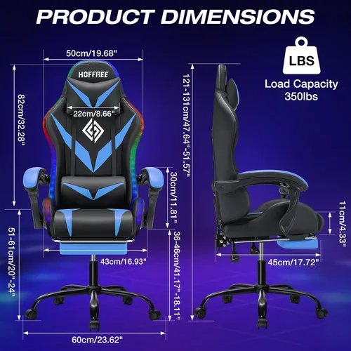 Vista 3 de HOFFREE - Silla para juegos con luces LED RGB estilo carreras, color azul azul+negro