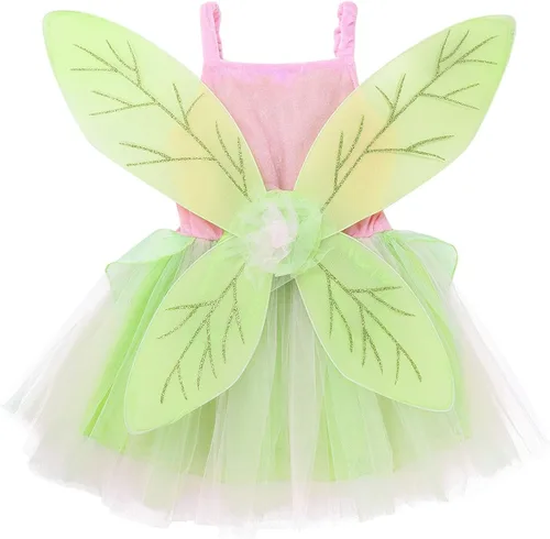 Vista 4 de ACSUSS Disfraz de princesa de hada verde para niñas con volantes vestido de baile de satén tutú