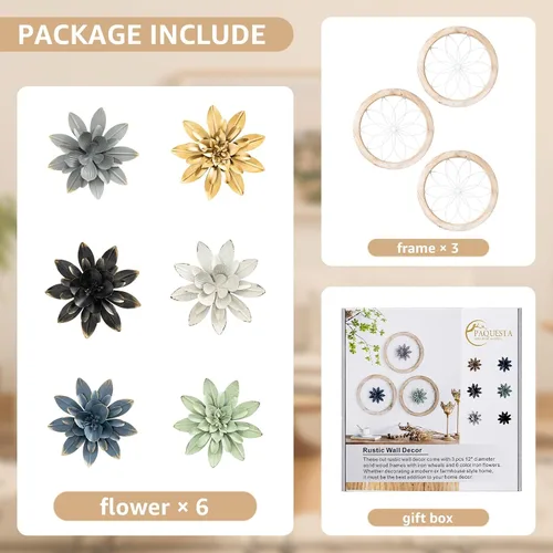 Vista 3 de Paquesta Decoración de Pared de Granja Redonda de 3 Piezas con 6 Flores Intercambiables de 12'' Medallón de Madera y Metal Arte de Pared Rústico