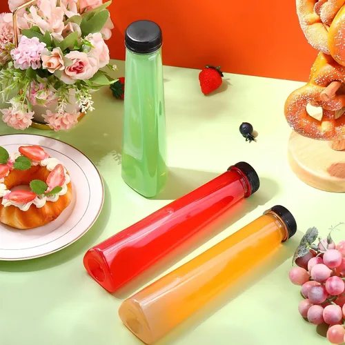 Vista 4 de Tanlade Paquete de 50 botellas de plástico para jugos de 12 onzas, botellas transparentes para bebidas con tapas a prueba de manipulaciones Negro