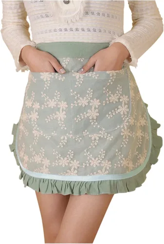Vista 13 de Delantales de chef unisex blanco retro algodón criada corto 2 bolsillos cintura camarera mitad delantal Bordado azul