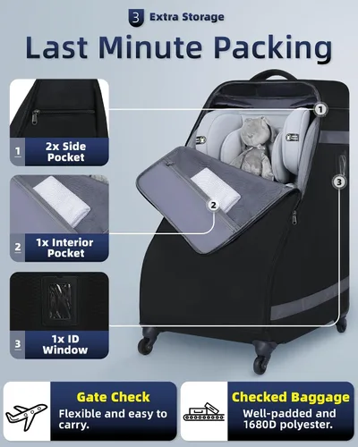 Vista 4 de Bolsa de asiento de coche mochila con ruedas para viajes aéreos, funda acolchada extra grande para asiento de automóvil, bolsa de control de puerta
