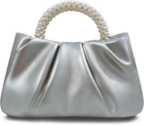 Vista 10 de Beatfull Bolso de noche para mujer, bolso de mano pequeño con perlas de cuero suave, bolso fruncido para boda, novia, fiesta, baile de graduación