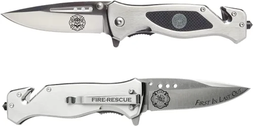 Vista 7 de Cuchillo táctico plegable Firefighter Black Stealth Elite - Cuchillo de bombero de rescate - Regalo para personal de primera respuesta - Pequeña