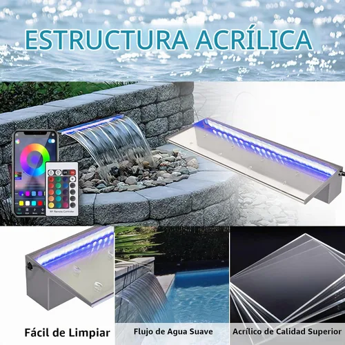 Vista 6 de Fuentes de estanque de acrílico con aplicación de 24 pulgadas, luz LED multicolor, cascadas de piscina al aire libre, cascadas de agua, patio