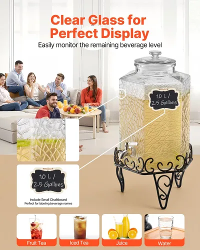 Vista 4 de VEVOR Dispensador de bebidas, dispensador de bebidas de 2.5 galones para fiestas, dispensador de jugo de vidrio con soporte de metal, grifo de acero