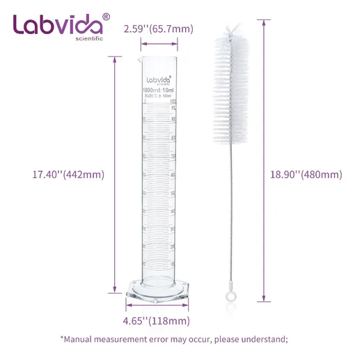 Vista 7 de Juego de cilindros de medición de 33.8 fl oz con cepillo de limpieza, vidrio de borosilicato, base hexagonal y pico, clase B, LVE008