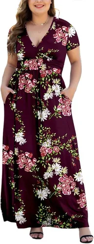 Vista 8 de Maxi vestido casual para mujer, diseño de manga corta con cuello en V y bolsillos, tallas L-5XL A01-negro