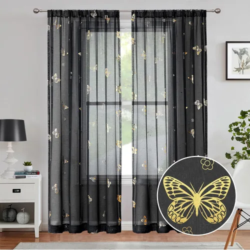 Vista 24 de Jubilantex Paneles de cortinas transparentes de mariposas negras y doradas de 52 pulgadas de ancho para dormitorio de niñas, elegantes cortinas