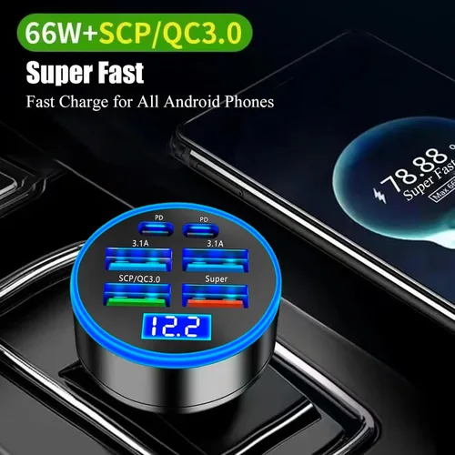 Vista 13 de Adaptador De Carga Súper Rápida USB C Para Coche Y Teléfono 6 En 1 Con Pantalla De Voltaje 250W Carga USB De Encendedor De Cigarrillos De Múltiples