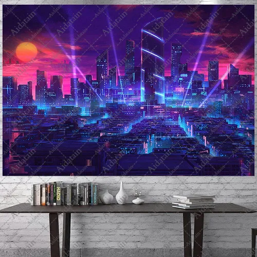 Vista 9 de Aidatain Tapiz de ciudad punk con paisaje urbano fresco para niños, tapiz tecnológico de franela de tamaño pequeño de 60 x 40 pulgadas, tapiz