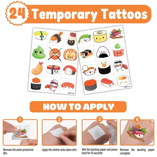 Vista 6 de 48 piezas de decoraciones de fiesta de sushi, tatuajes temporales