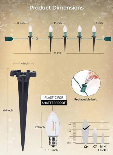 Vista 8 de Brightown C9 LED Christmas Pathway Lights, 25.8 Ft Christmas Path Lights with 20 Bulbs and Stakes, Connectable Waterproof String Light for Walkway
