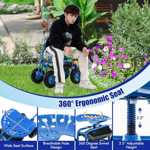Vista 8 de Goplus Carrito de jardín rodante con asiento, taburete de jardín al aire libre con ruedas, bandeja de herramientas y cesta, mango de dirección