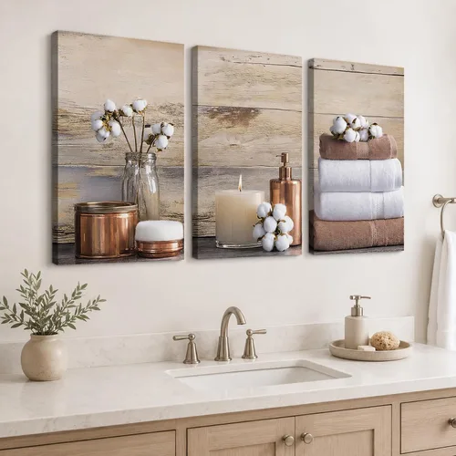 Vista 21 de KVTM 3 piezas de arte de pared de baño de granja, diseño de jabón fresco y bañera de agua, impresiones rústicas de flores en lienzo, arte estético