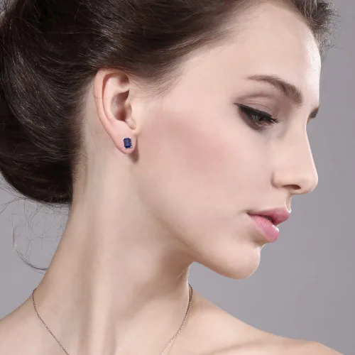 Vista 5 de Gem Stone King Aretes de tuerca de zafiro azul simulado de 2.00 quilates para mujeres y hombres, plata de ley 925, corte esmeralda de 0.276 x 0.197