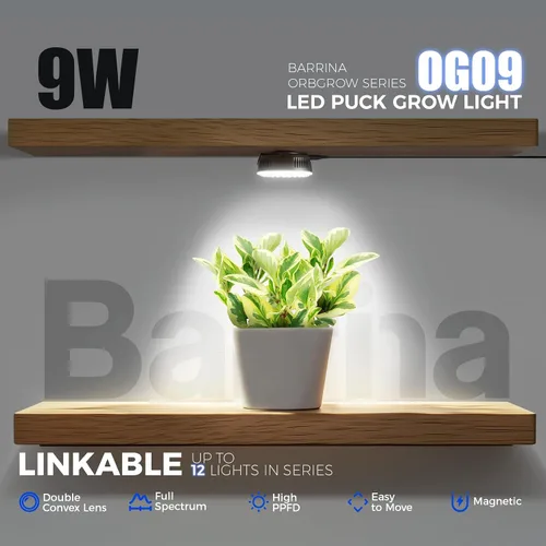 Vista 2 de Barrina Orbgrow OG09 Puck - Luz LED de crecimiento, 5000 K 9 W (equivalente a 135 vatios), luces de plantas para plantas de interior de espectro