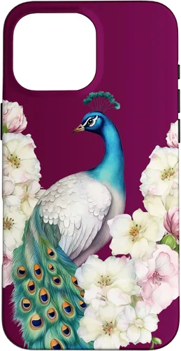 Vista 19 de iPhone 16 Peacock Bird with Long Feathers Watercolor Flowers Case