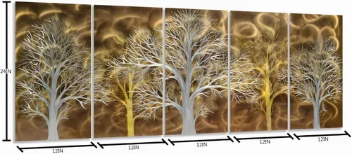 Vista 2 de Yihui Arts Arte de pared de metal de árbol de aluminio 3D grande hecho a mano, decoración de pared de 5 paneles para sala de estar, dormitorio