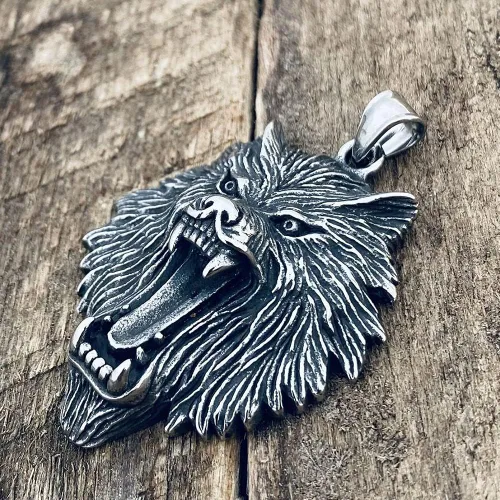 Vista 6 de YCYR Collar con cabeza de lobo para hombres, mitología nórdica, colgante de amuleto de lobo de Odín con cadena bizantina de acero inoxidable vintage