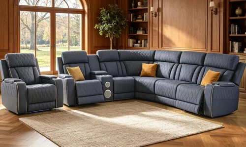 Vista 18 de Juego de sofá seccional reclinable de cuero, sofá seccional con 4 sillones reclinables Juegos de muebles de sala con 3 reclinables, luz LED