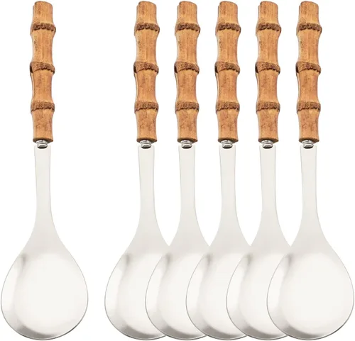 Vista 9 de Juego de 2 cucharas de servir de acero inoxidable de 10.0 pulgadas con mango de bambú natural, grandes utensilios plateados para servir, cucharón