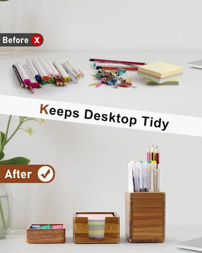 Vista 5 de Juego de organizador de escritorio de madera de acacia con soporte para notas adhesivas, vaso para lápices y bolígrafos y almacenamiento de clips