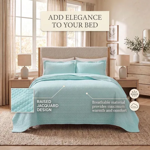 Vista 5 de Cubrecama doble Superior Diamond Solitaire de algodón de primera calidad Jacquard Matelassé con fundas de almohada a tono, color aguamarina, Agua