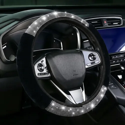 Vista 11 de Funda para volante con destellos para mujeres y niñas, cubierta de volante de diamantes de imitación de color negro con brillantes de piel