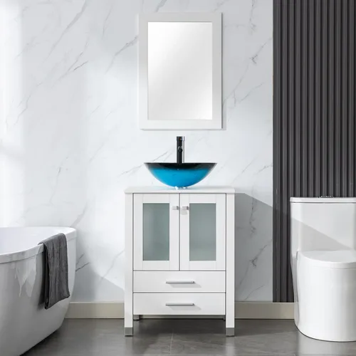 Vista 17 de LUCKWIND Combinación de tocador de baño de 24 pulgadas con lavabo, serie elegante con marco pintado, armario de almacenamiento de baño de dos