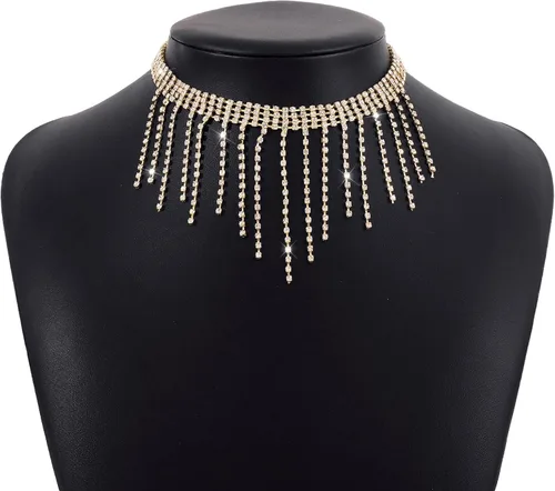 Vista 4 de Dcfywl731 Gargantilla con borlas de diamantes de imitación, collares de cristal multicapa, cadena de tenis brillante, collar con flecos para mujer