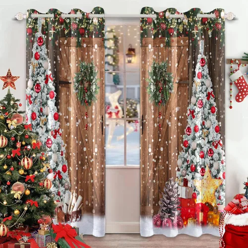 Vista 16 de AWERT Cortinas de Navidad para sala de estar, Navidad tradicional temporada de invierno, árbol de Navidad, juego de 2 paneles de cortinas opacas