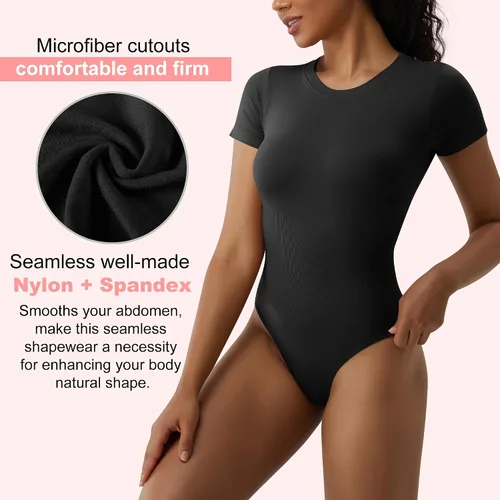 Vista 3 de Body de manga corta con cuello redondo para mujer, sin costuras, camiseta triangular acanalada, camiseta básica, leotardo
