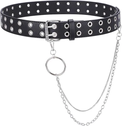 Vista 7 de WHIPPY Double Grommet Belt for Women Men PU Leather Double Prong Buckle Vintage Punk Rock Jeans Belts with Chain A-Negro