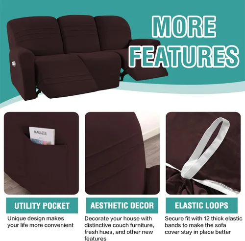 Vista 6 de Juego de fundas elásticas para sofá reclinable de 5 piezas, funda ajustada para sofás reclinables de 3 cojines, tela ultrasuave, lavable a máquina