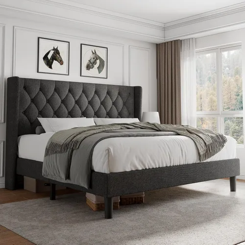 Vista 14 de iPormis - Base de cama tapizada de tamaño completo con cabecera capitonada con botones, base de cama tapizada con listones de madera sólidos, 20 cm