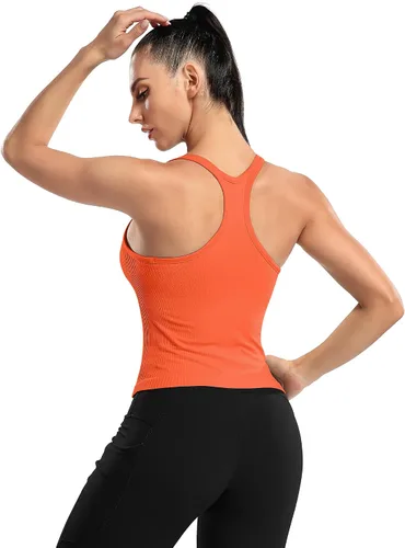 Vista 28 de ATTRACO Camiseta corta acanalada de entrenamiento para mujer con brasier integrado para yoga, espalda cruzada, ajuste ajustado