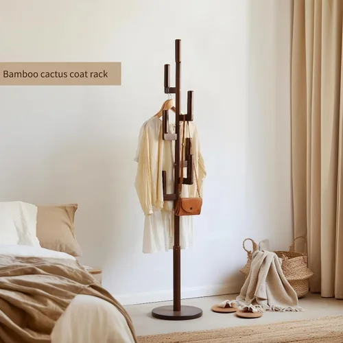 Vista 9 de Perchero de Bambú Cactus para Abrigos y Ropa, Perchero Independiente con 6 Ganchos para Adultos y Niños, Perchero Resistente Moderno para Entrada