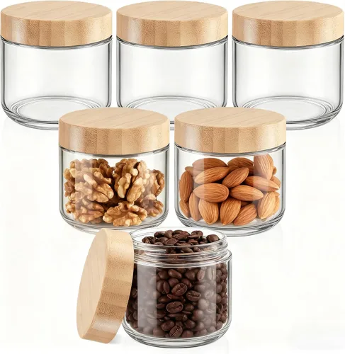 Vista 8 de Bumobum Tarros de vidrio de 8 onzas con tapas, pequeño recipiente de vidrio con tapa hermética de madera de bambú, recipientes de boca ancha