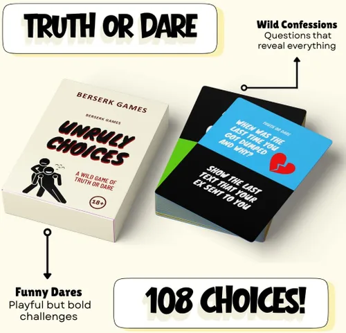 Vista 3 de Unruly Choices - Juego de cartas Truth or Dare 108 Se atreve & Preguntas Juego de despedida de soltera, Juego de fiesta antes del juego, Noche