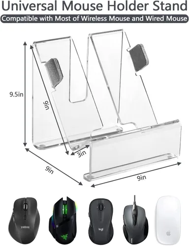 Vista 2 de Soporte de acrílico para ratón, base de soporte vertical de escritorio para mouse con cable e inalámbrico, soporte universal para mouse
