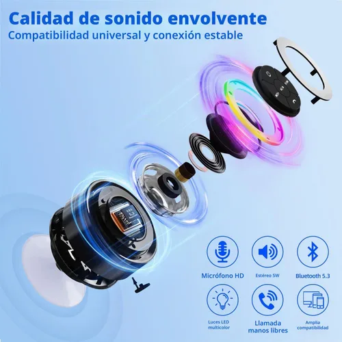 Vista 4 de Altavoz de ducha Bluetooth impermeable IP67, mini altavoz inalámbrico pequeño Bluetooth, altavoz portátil con ventosa, LED y micrófono para baño