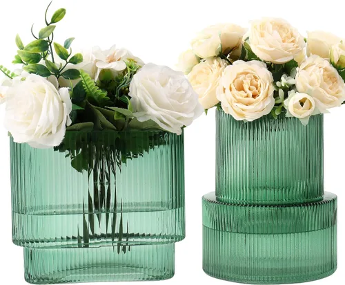 Vista 16 de Jarrones de vidrio acanalado, juego de 2 jarrones estriados para flores, florero de vidrio ámbar para tulipanes, jarrón moderno para sala de estar