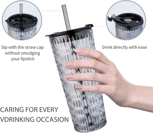 Vista 6 de Puraville Paquete de 2 vasos de vidrio de 18 onzas con tapas y pajitas, cristalería gruesa con patrón de diamante vintage para whisky, cóctel
